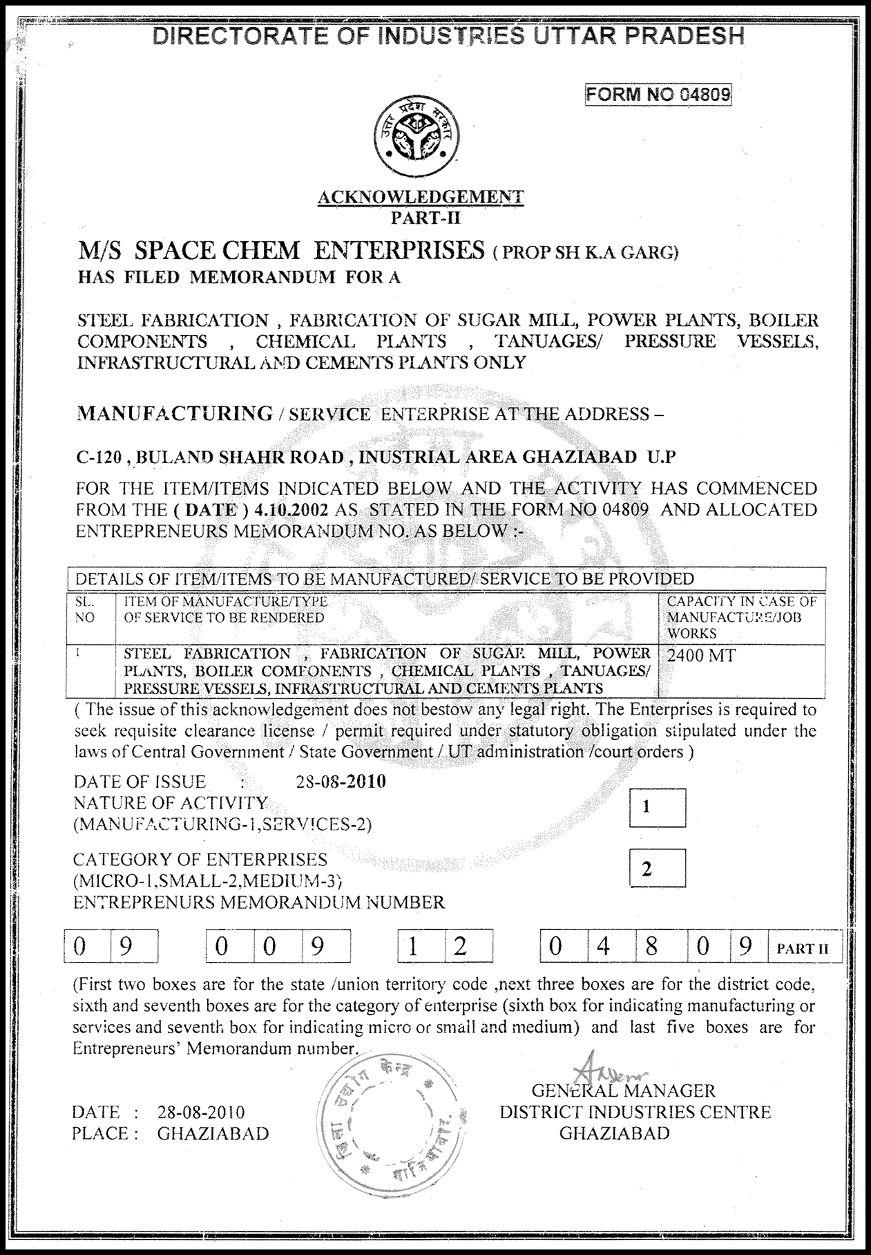 Registration with Directorate of Industries Uttar Pradesh
